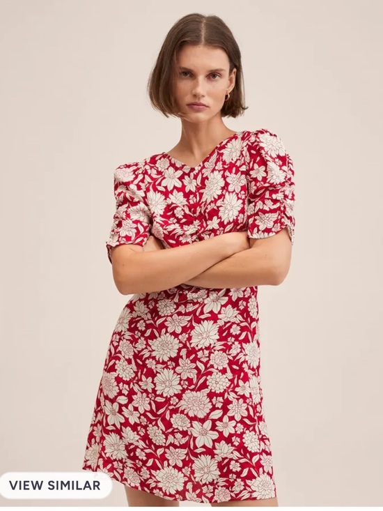 Mango Dresses & Skirts - MANGO Women Red & White Floral Print Puff Sleeves A-Line Dress Size 4